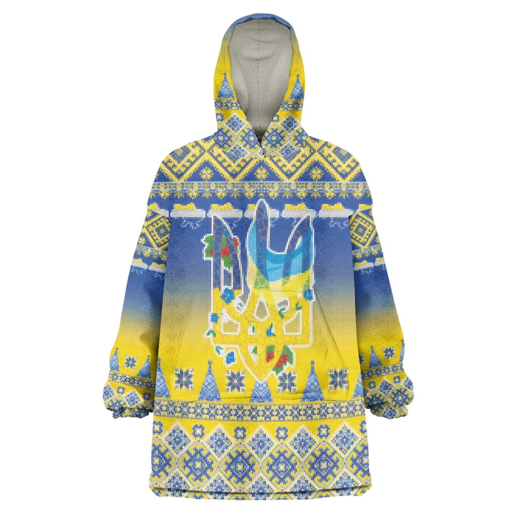 Ukraine Merry Christmas Wearable Blanket Hoodie Ukraine Emblem and Vyshyvanka Knitted Effect - Wonder Print Shop