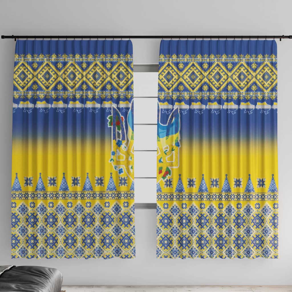 Ukraine Merry Christmas Window Curtain Ukraine Emblem and Vyshyvanka Knitted Effect - Wonder Print Shop