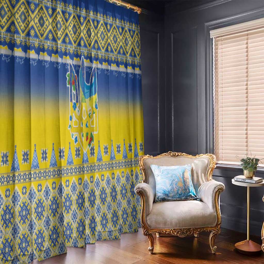 Ukraine Merry Christmas Window Curtain Ukraine Emblem and Vyshyvanka Knitted Effect - Wonder Print Shop
