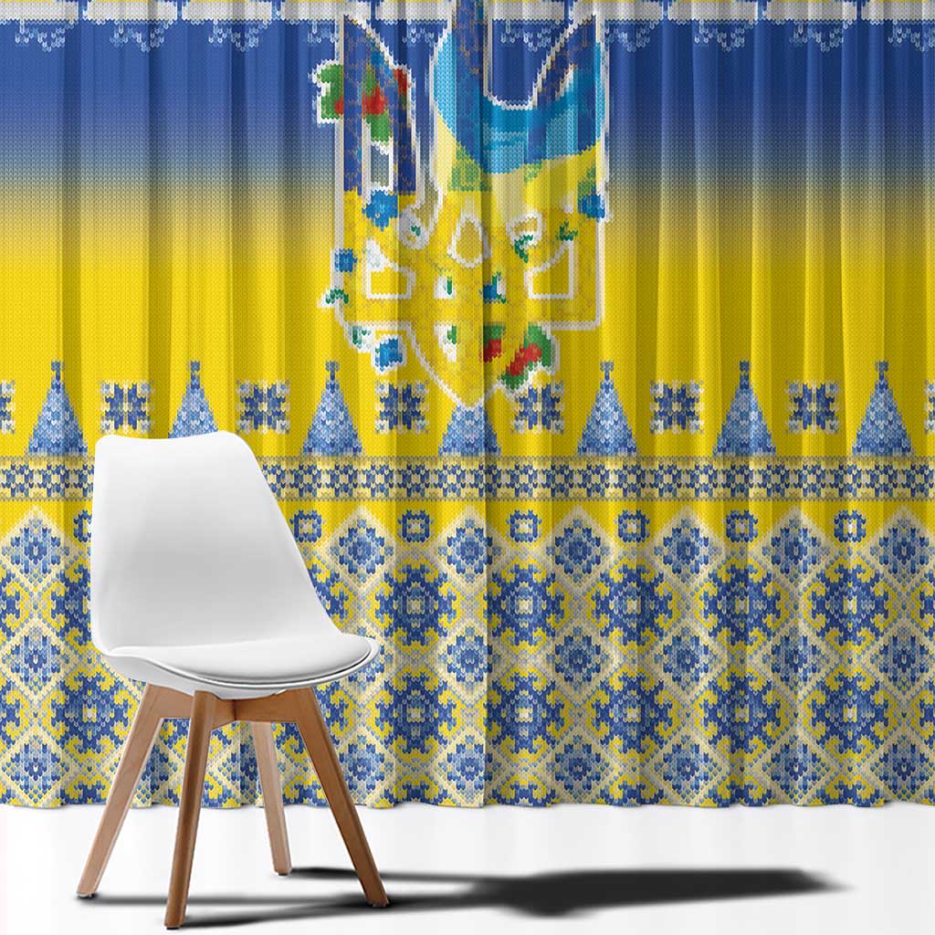 Ukraine Merry Christmas Window Curtain Ukraine Emblem and Vyshyvanka Knitted Effect - Wonder Print Shop