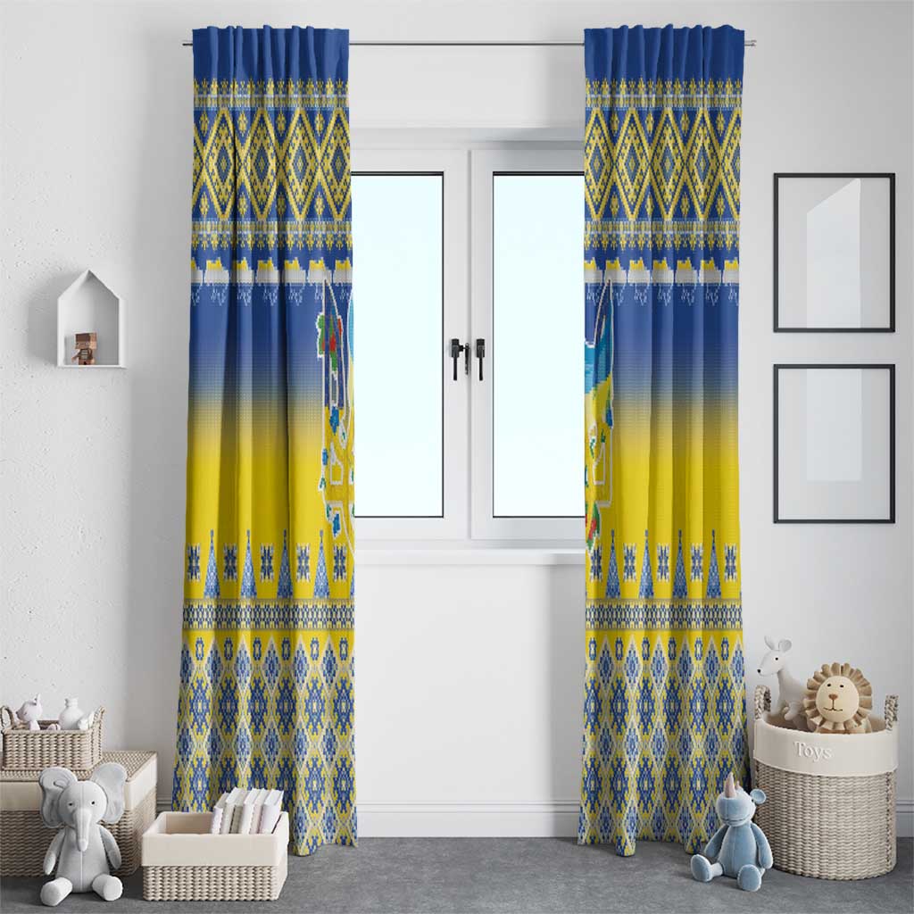 Ukraine Merry Christmas Window Curtain Ukraine Emblem and Vyshyvanka Knitted Effect - Wonder Print Shop