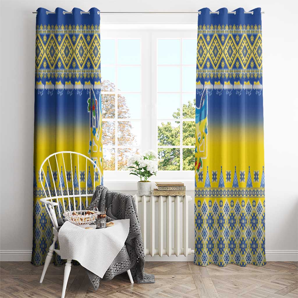 Ukraine Merry Christmas Window Curtain Ukraine Emblem and Vyshyvanka Knitted Effect - Wonder Print Shop