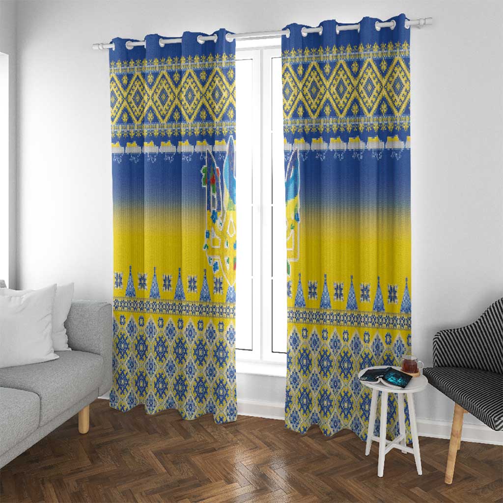 Ukraine Merry Christmas Window Curtain Ukraine Emblem and Vyshyvanka Knitted Effect - Wonder Print Shop