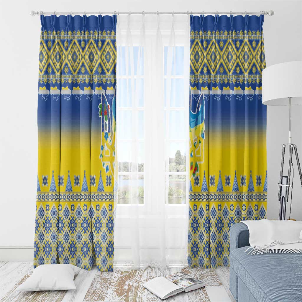 Ukraine Merry Christmas Window Curtain Ukraine Emblem and Vyshyvanka Knitted Effect - Wonder Print Shop