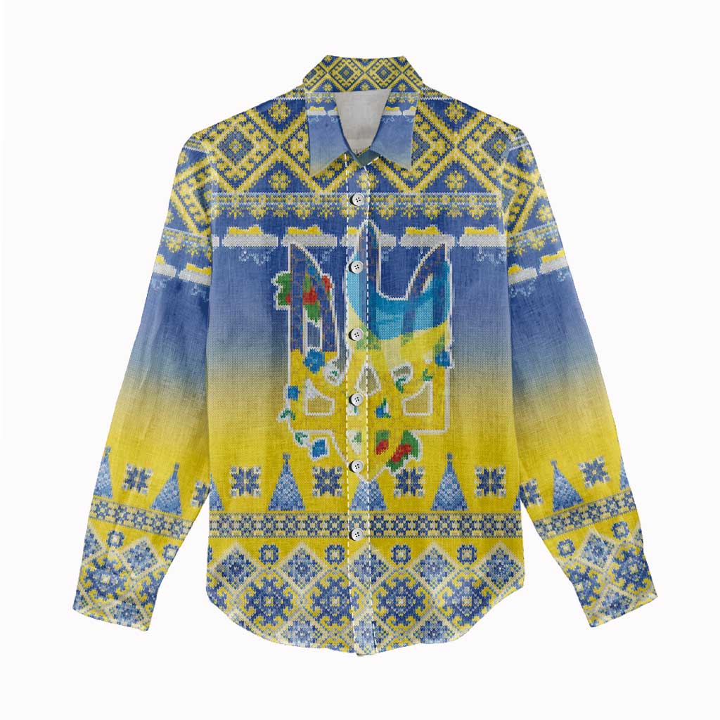 Ukraine Merry Christmas Women Casual Shirt Ukraine Emblem and Vyshyvanka Knitted Effect - Wonder Print Shop