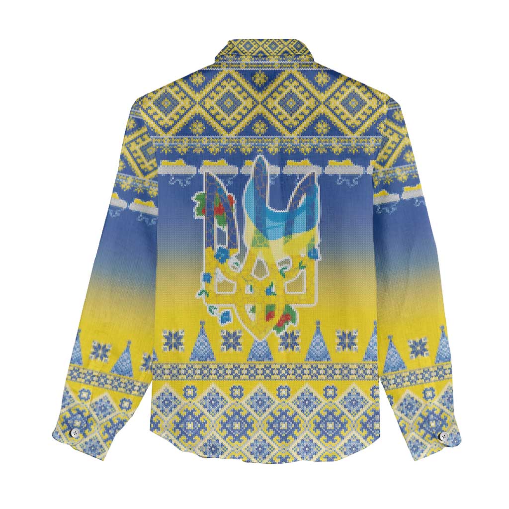 Ukraine Merry Christmas Women Casual Shirt Ukraine Emblem and Vyshyvanka Knitted Effect - Wonder Print Shop