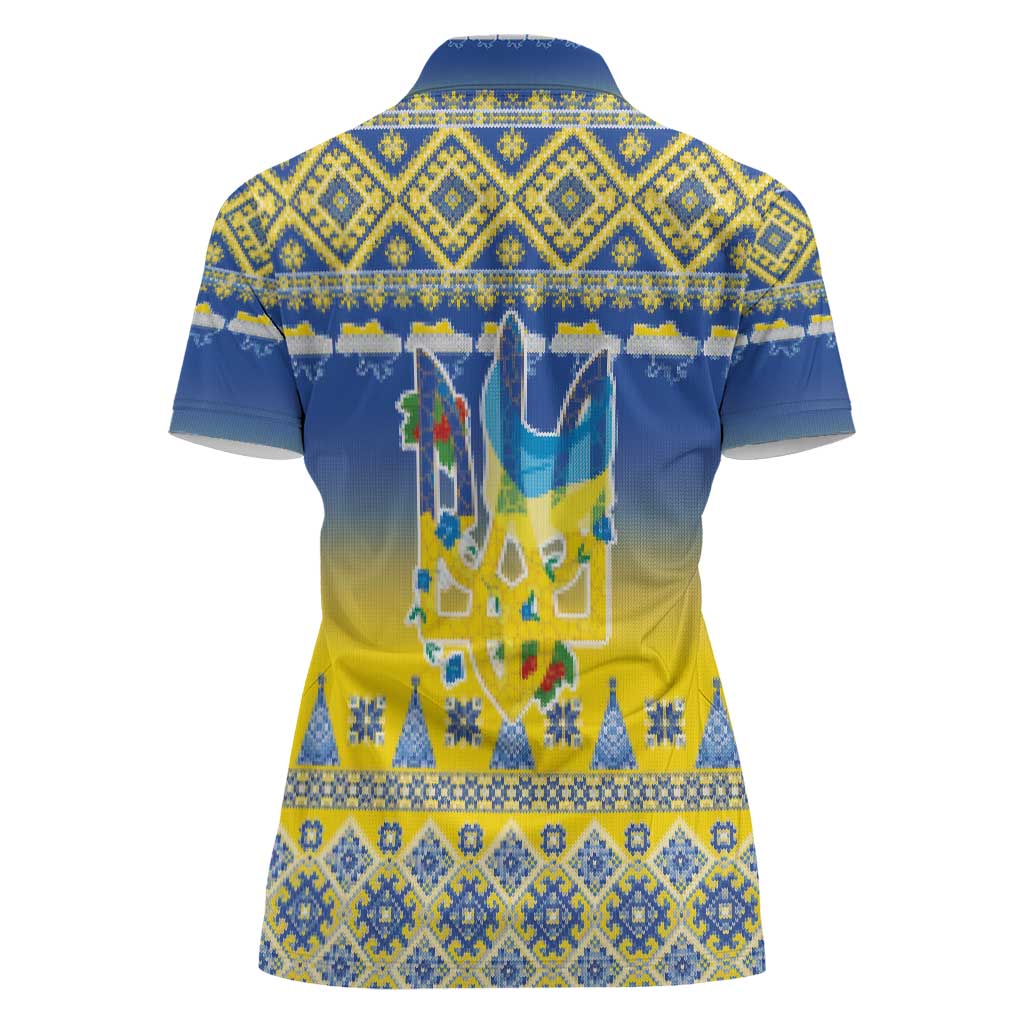 Ukraine Merry Christmas Women Polo Shirt Ukraine Emblem and Vyshyvanka Knitted Effect - Wonder Print Shop
