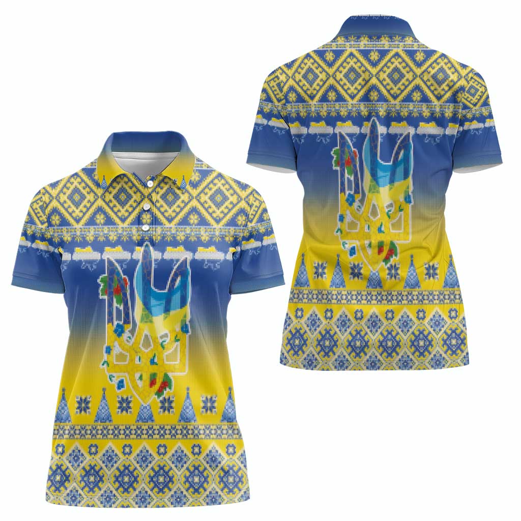 Ukraine Merry Christmas Women Polo Shirt Ukraine Emblem and Vyshyvanka Knitted Effect - Wonder Print Shop