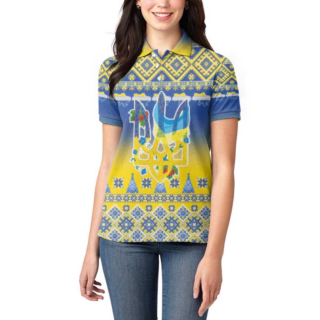 Ukraine Merry Christmas Women Polo Shirt Ukraine Emblem and Vyshyvanka Knitted Effect - Wonder Print Shop