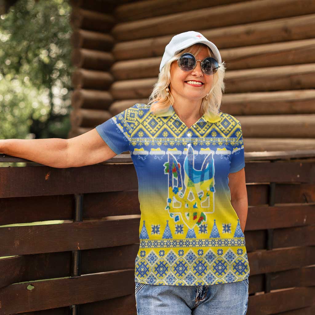 Ukraine Merry Christmas Women Polo Shirt Ukraine Emblem and Vyshyvanka Knitted Effect - Wonder Print Shop