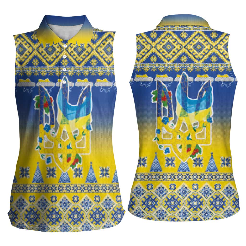 Ukraine Merry Christmas Women Sleeveless Polo Shirt Ukraine Emblem and Vyshyvanka Knitted Effect - Wonder Print Shop