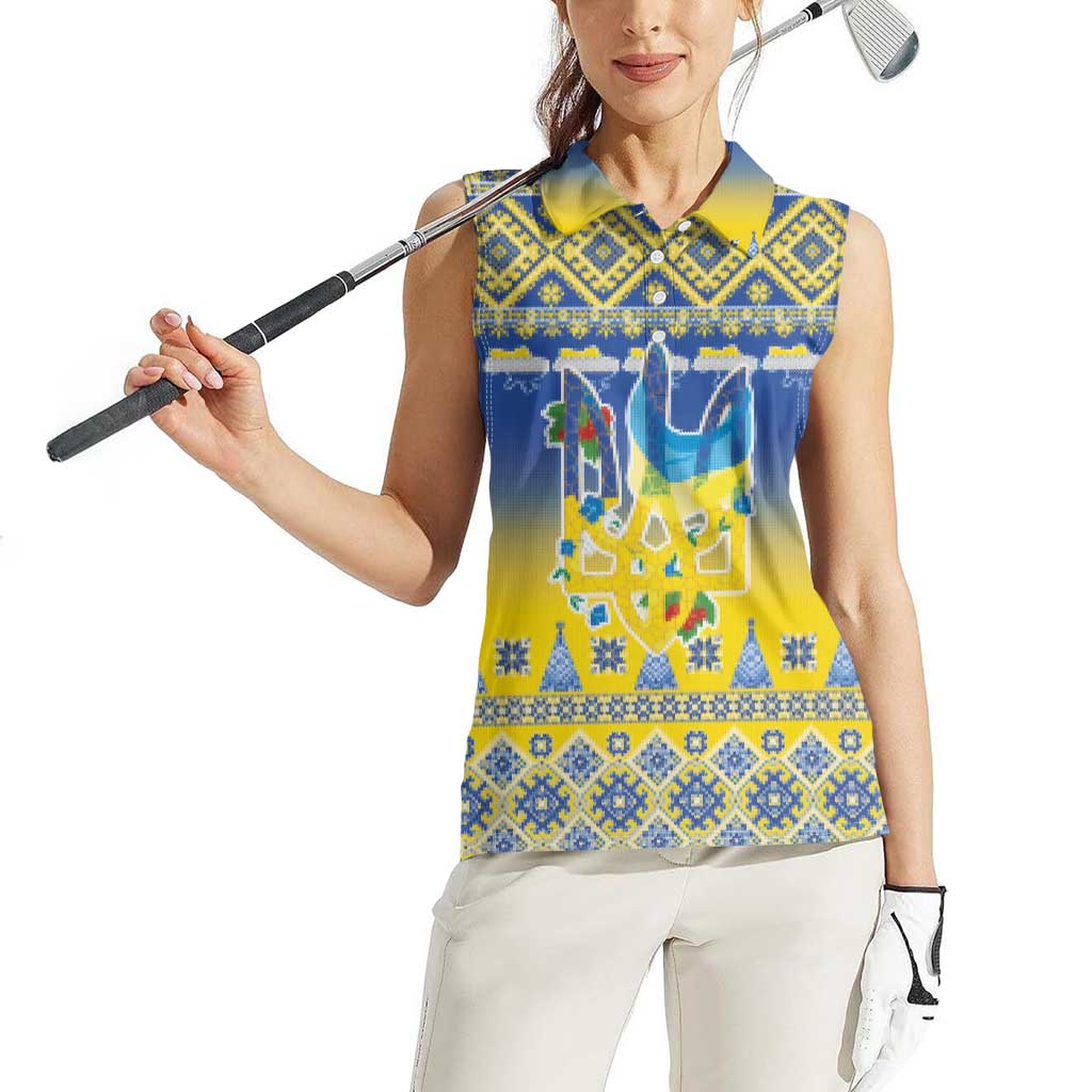 Ukraine Merry Christmas Women Sleeveless Polo Shirt Ukraine Emblem and Vyshyvanka Knitted Effect - Wonder Print Shop