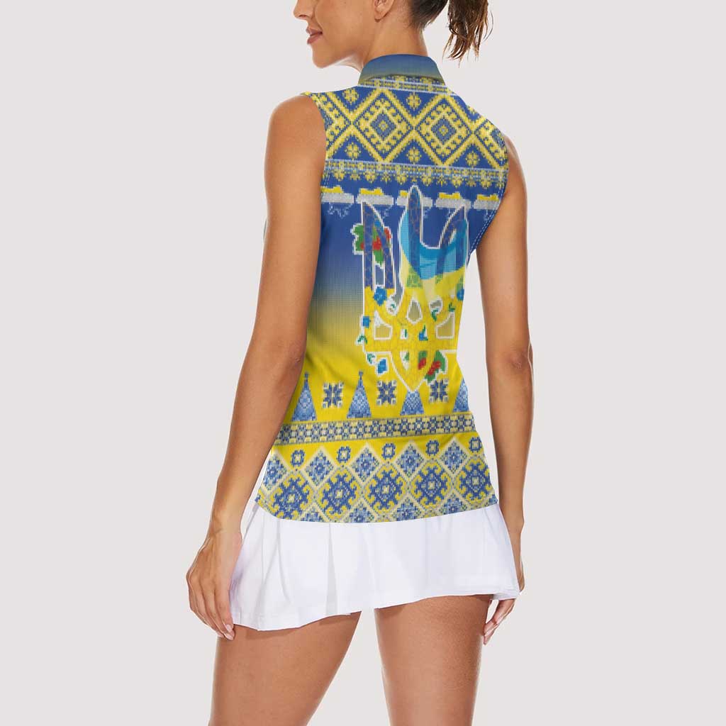 Ukraine Merry Christmas Women Sleeveless Polo Shirt Ukraine Emblem and Vyshyvanka Knitted Effect - Wonder Print Shop