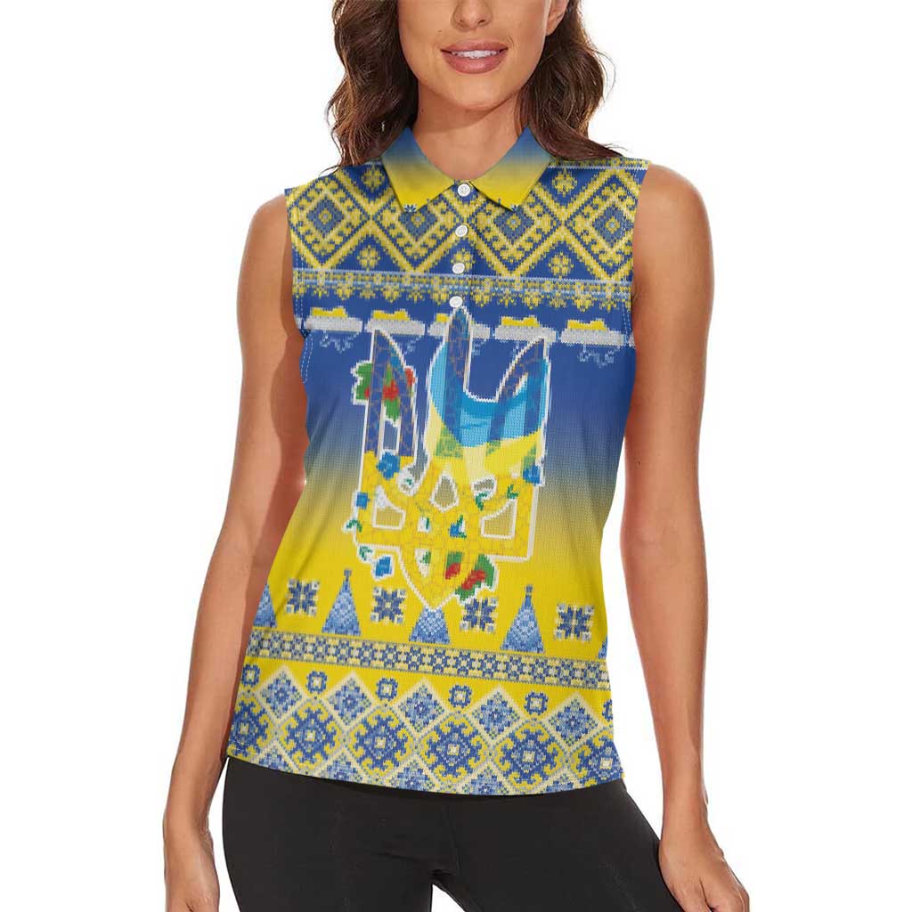Ukraine Merry Christmas Women Sleeveless Polo Shirt Ukraine Emblem and Vyshyvanka Knitted Effect - Wonder Print Shop