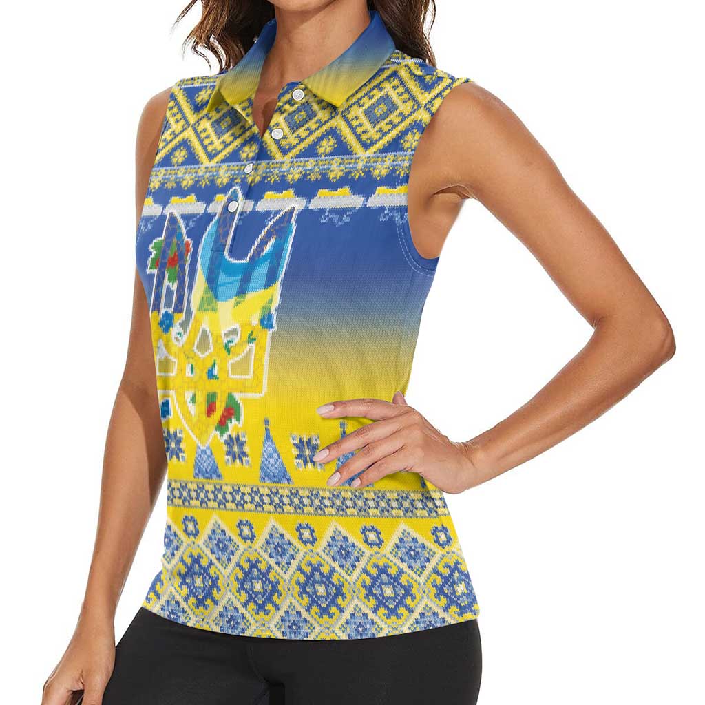 Ukraine Merry Christmas Women Sleeveless Polo Shirt Ukraine Emblem and Vyshyvanka Knitted Effect - Wonder Print Shop