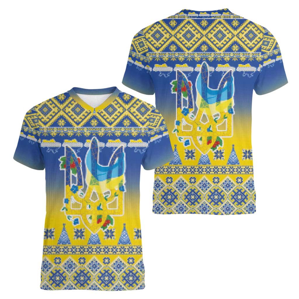 Ukraine Merry Christmas Women V-Neck T-Shirt Ukraine Emblem and Vyshyvanka Knitted Effect - Wonder Print Shop