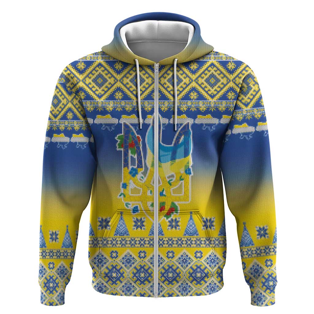 Ukraine Merry Christmas Zip Hoodie Ukraine Emblem and Vyshyvanka Knitted Effect - Wonder Print Shop