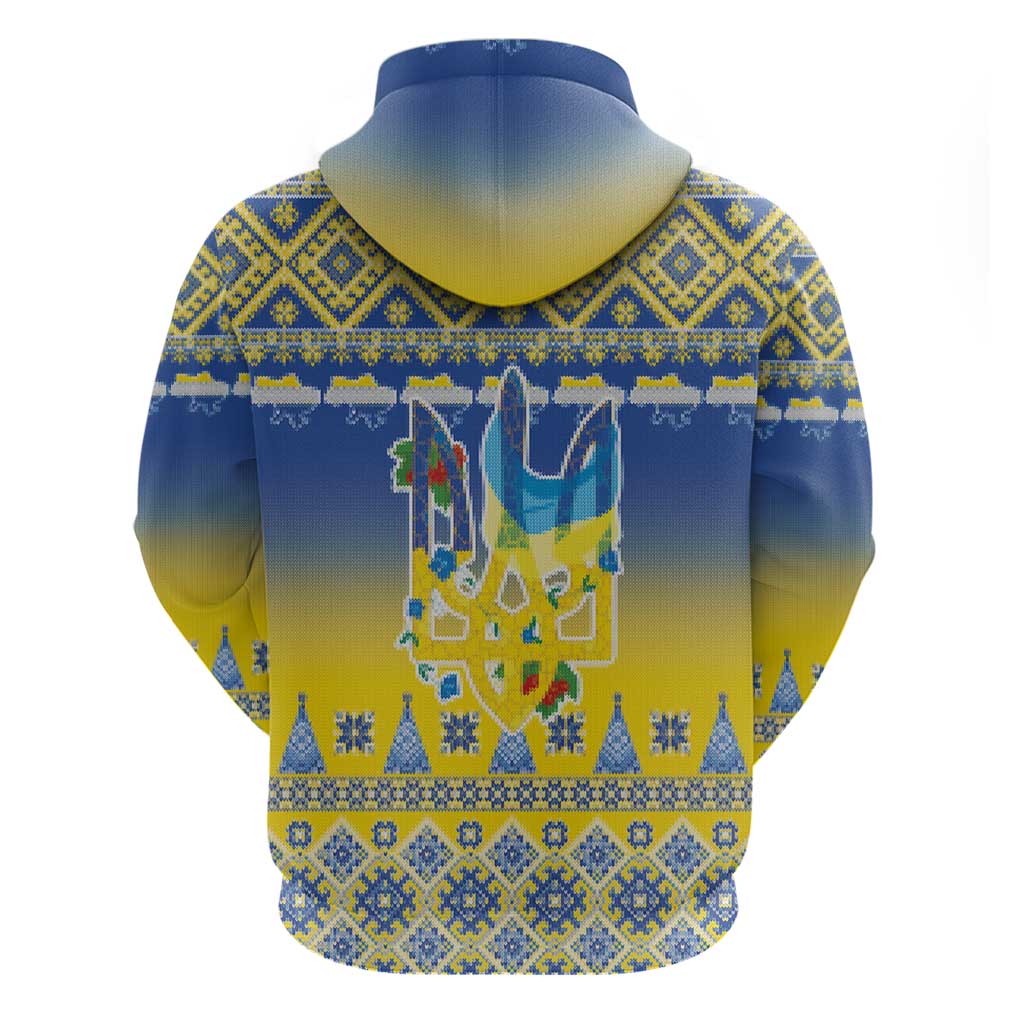 Ukraine Merry Christmas Zip Hoodie Ukraine Emblem and Vyshyvanka Knitted Effect - Wonder Print Shop
