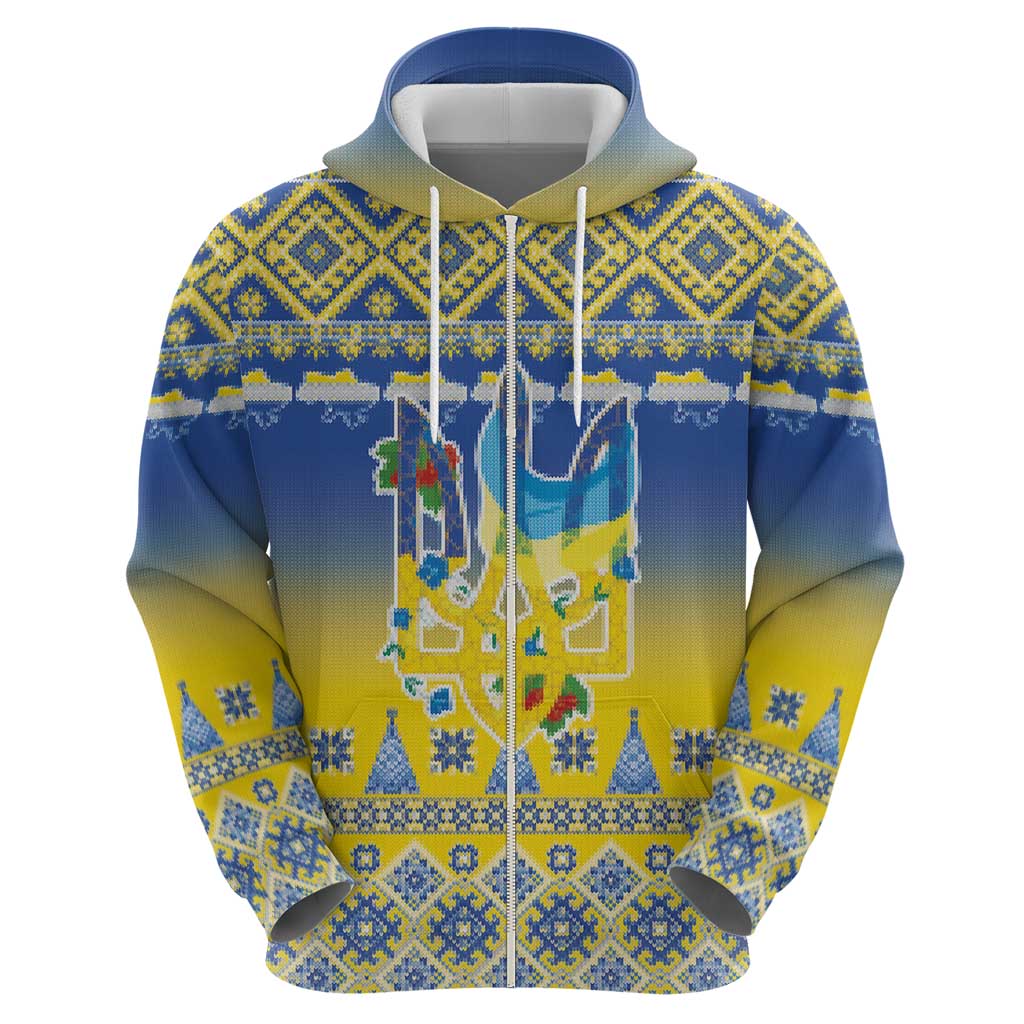 Ukraine Merry Christmas Zip Hoodie Ukraine Emblem and Vyshyvanka Knitted Effect - Wonder Print Shop
