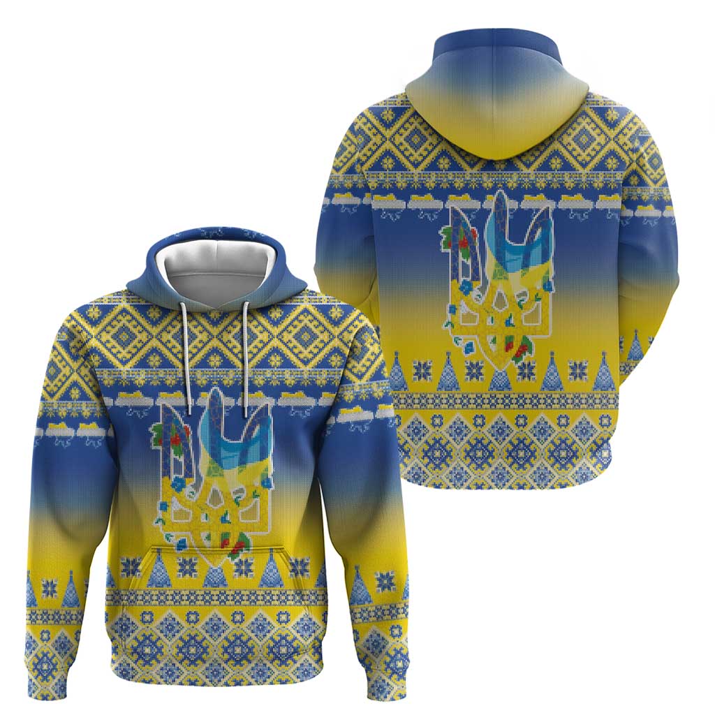 Ukraine Merry Christmas Zip Hoodie Ukraine Emblem and Vyshyvanka Knitted Effect - Wonder Print Shop
