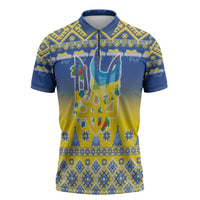 Ukraine Merry Christmas Zipper Polo Shirt Ukraine Emblem and Vyshyvanka Knitted Effect - Wonder Print Shop