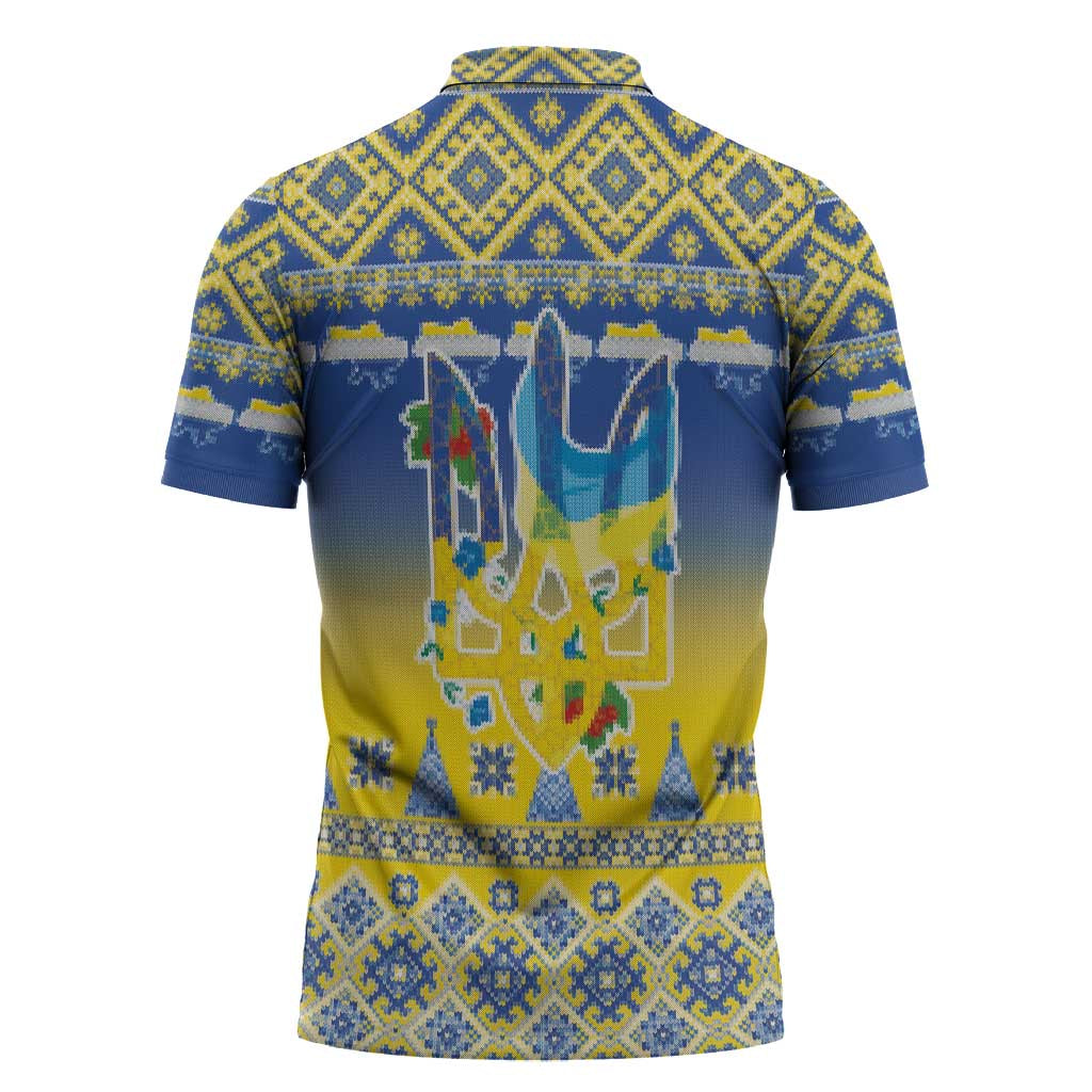 Ukraine Merry Christmas Zipper Polo Shirt Ukraine Emblem and Vyshyvanka Knitted Effect - Wonder Print Shop