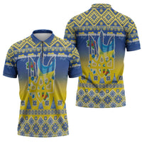 Ukraine Merry Christmas Zipper Polo Shirt Ukraine Emblem and Vyshyvanka Knitted Effect - Wonder Print Shop