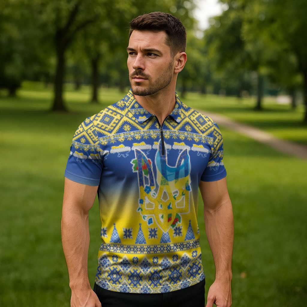 Ukraine Merry Christmas Zipper Polo Shirt Ukraine Emblem and Vyshyvanka Knitted Effect - Wonder Print Shop