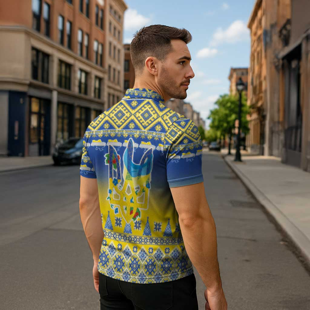 Ukraine Merry Christmas Zipper Polo Shirt Ukraine Emblem and Vyshyvanka Knitted Effect - Wonder Print Shop