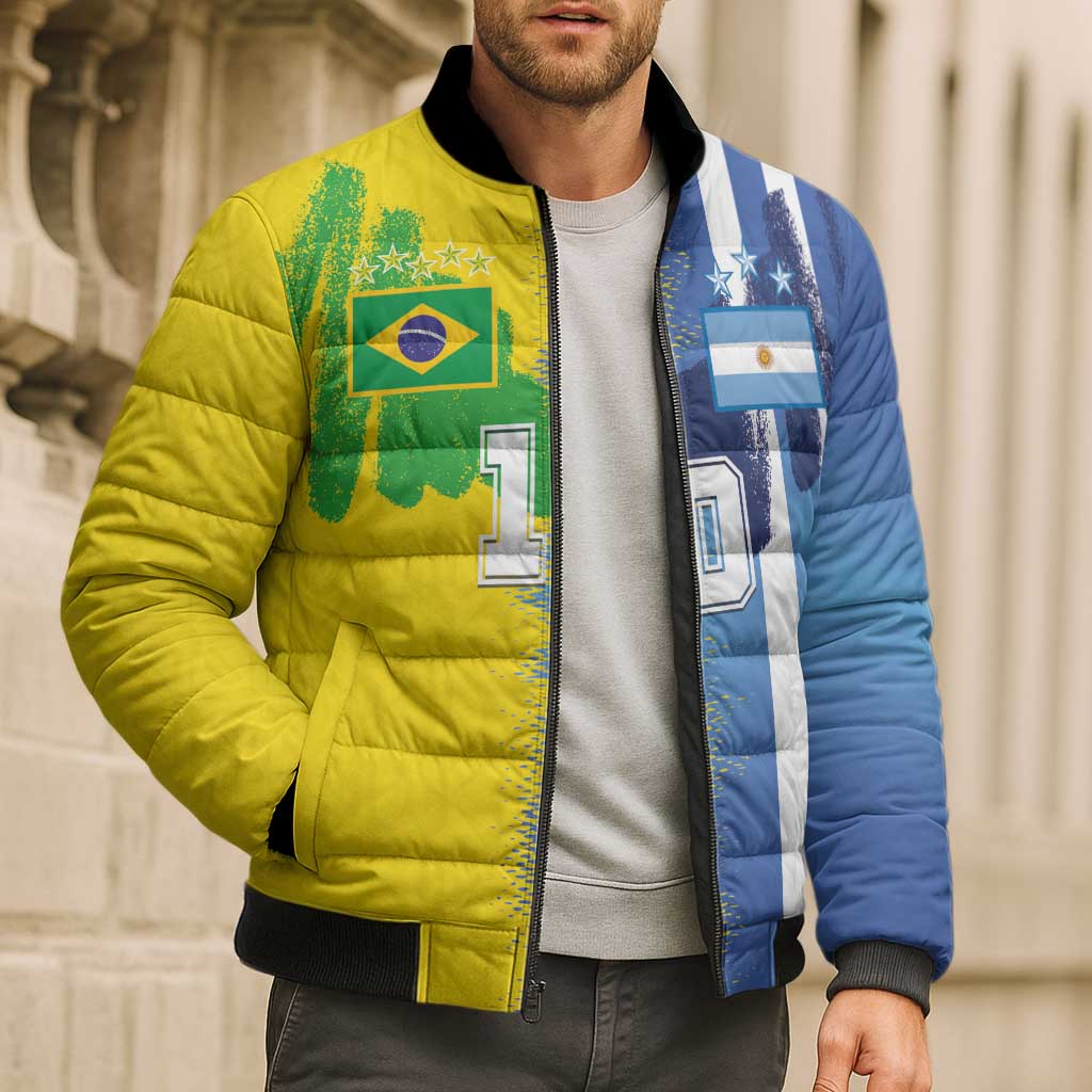 Custom Argentina and Brazil Football Mashup Bomber Puffer Jacket La Albiceleste and Selecao