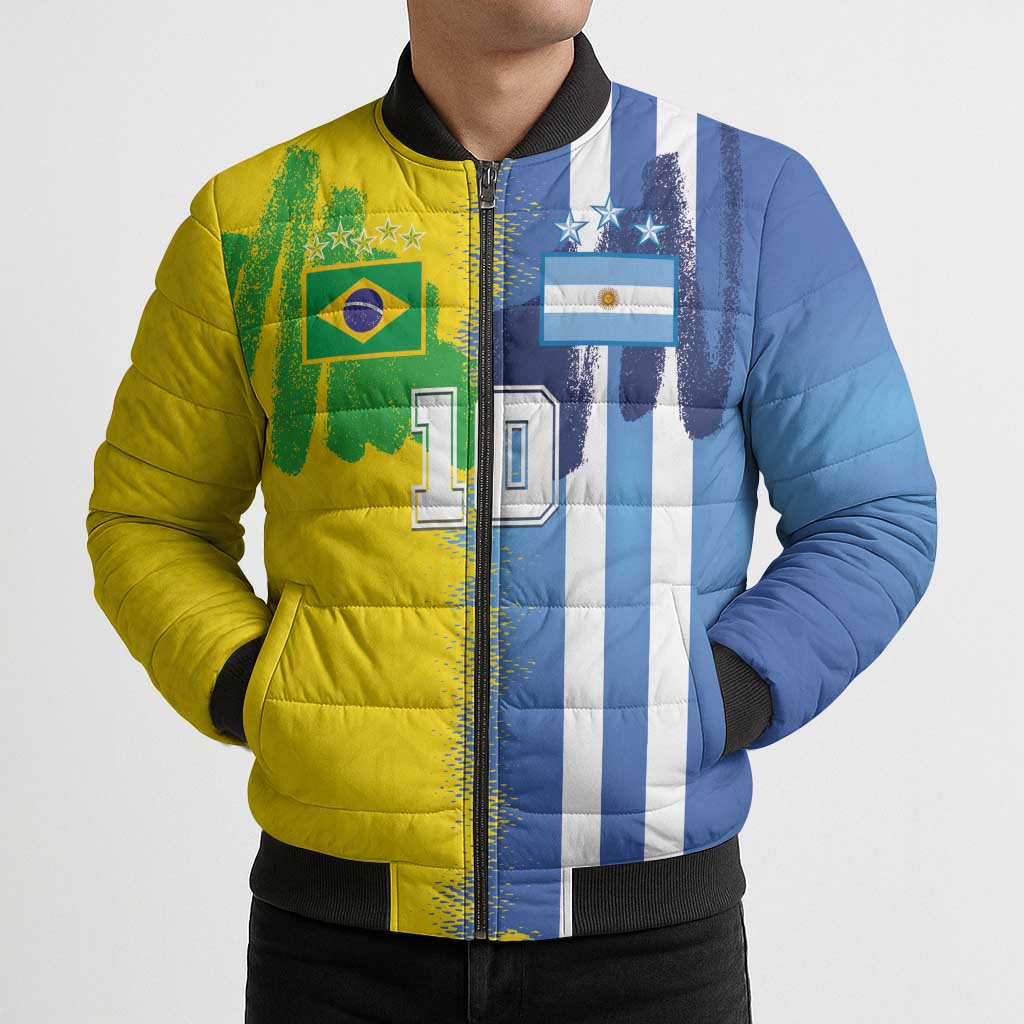 Custom Argentina and Brazil Football Mashup Bomber Puffer Jacket La Albiceleste and Selecao
