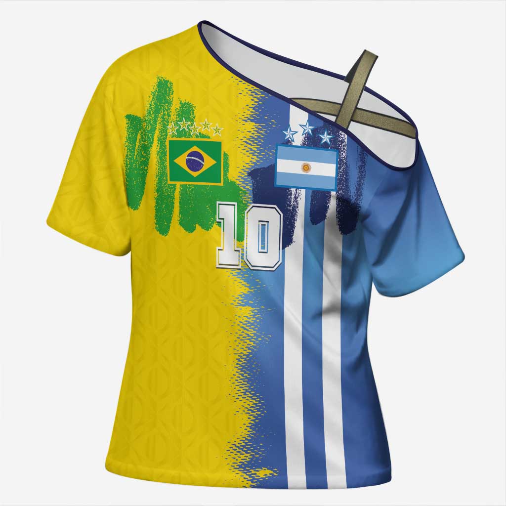 Custom Argentina and Brazil Football Mashup Cross Shoulder Shirt La Albiceleste and Selecao