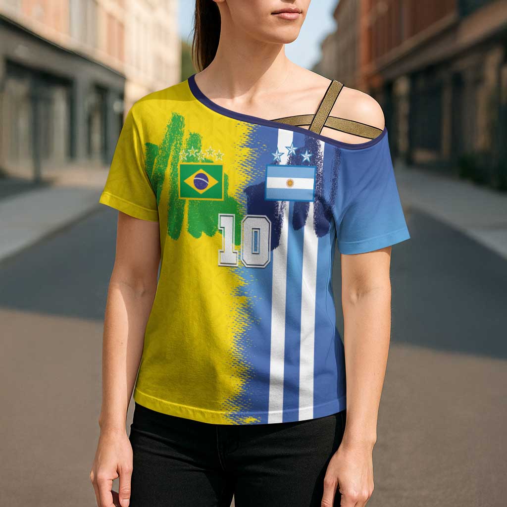 Custom Argentina and Brazil Football Mashup Cross Shoulder Shirt La Albiceleste and Selecao