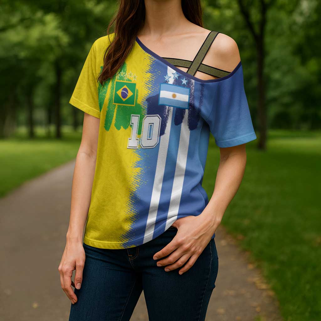 Custom Argentina and Brazil Football Mashup Cross Shoulder Shirt La Albiceleste and Selecao