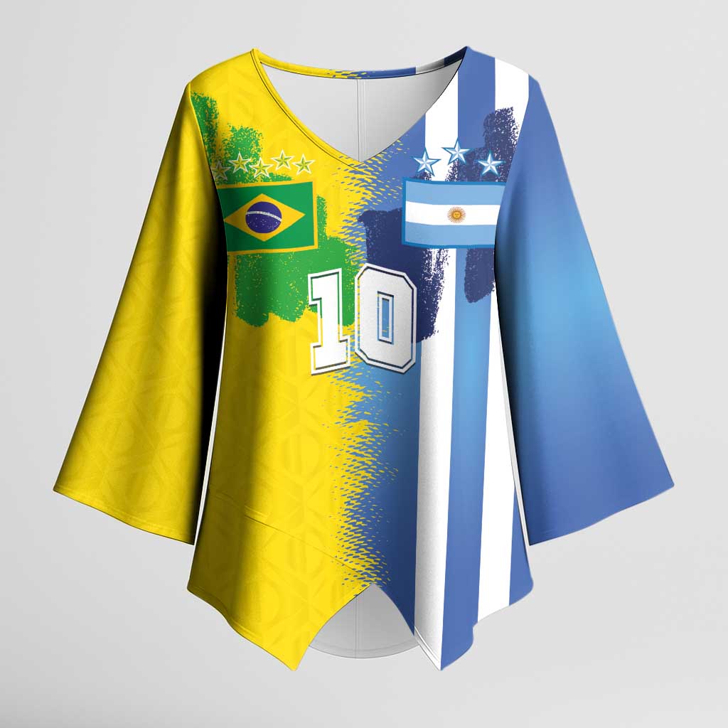 Custom Argentina and Brazil Football Mashup Kimono Sleeve Blouse La Albiceleste and Selecao