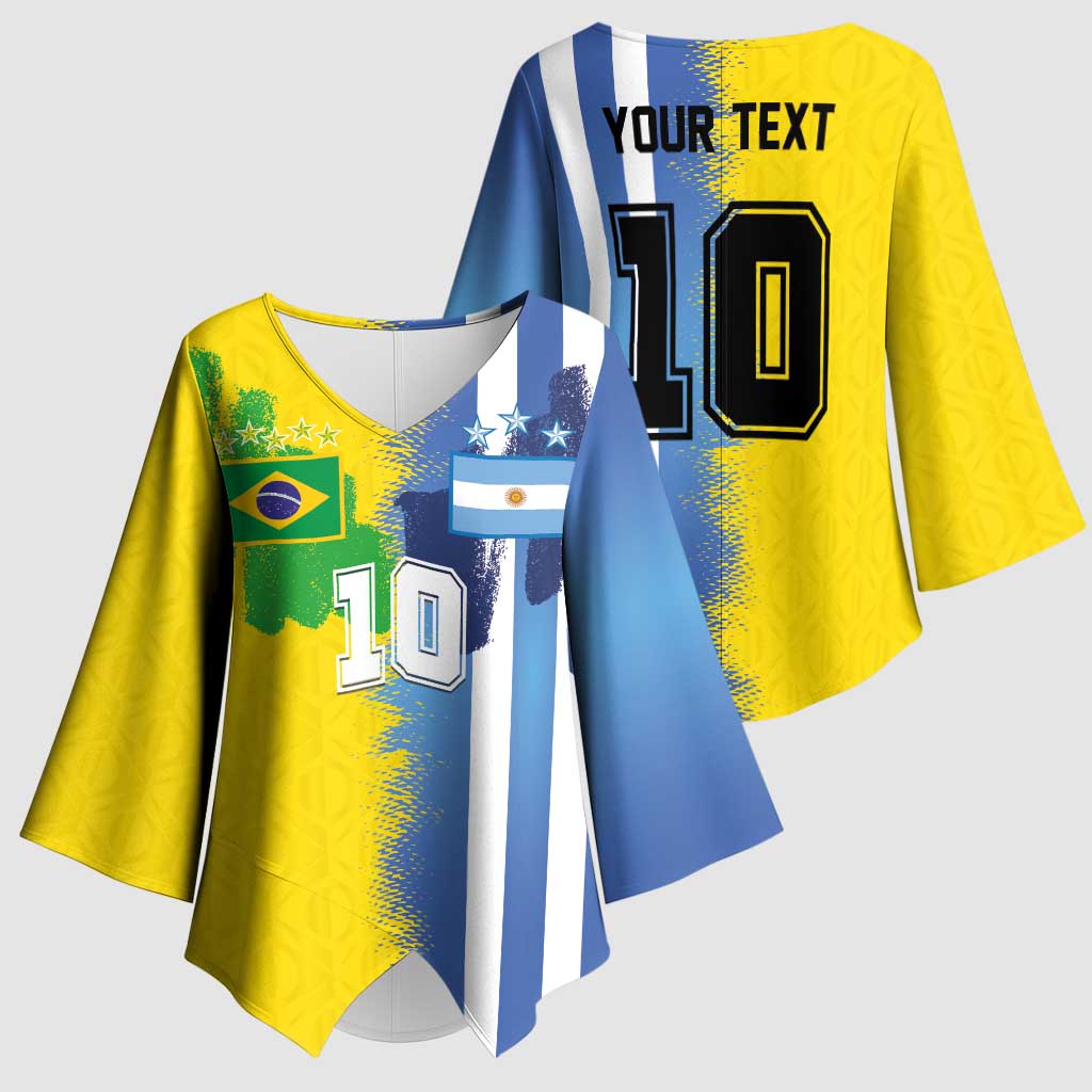 Custom Argentina and Brazil Football Mashup Kimono Sleeve Blouse La Albiceleste and Selecao