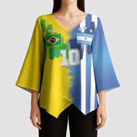 Custom Argentina and Brazil Football Mashup Kimono Sleeve Blouse La Albiceleste and Selecao