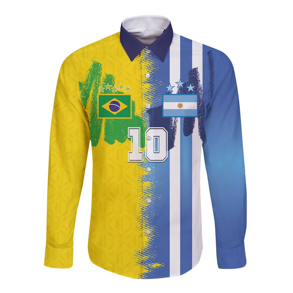 Custom Argentina and Brazil Football Mashup Long Sleeve Button Shirt La Albiceleste and Selecao