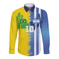Custom Argentina and Brazil Football Mashup Long Sleeve Button Shirt La Albiceleste and Selecao