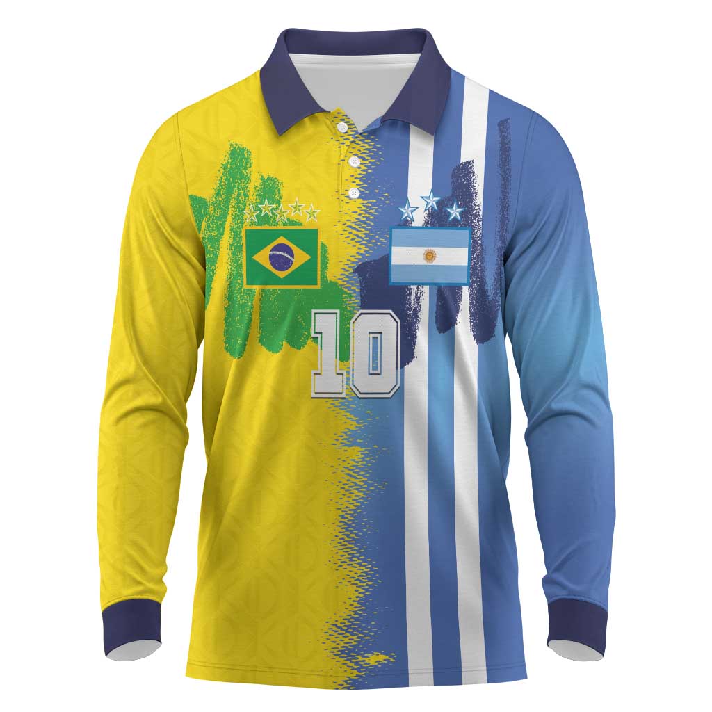 Custom Argentina and Brazil Football Mashup Long Sleeve Polo Shirt La Albiceleste and Selecao
