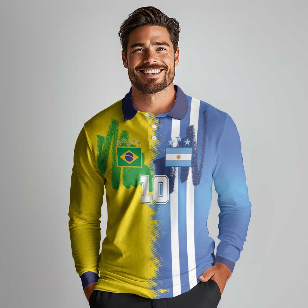 Custom Argentina and Brazil Football Mashup Long Sleeve Polo Shirt La Albiceleste and Selecao