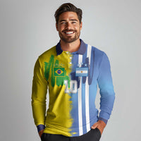 Custom Argentina and Brazil Football Mashup Long Sleeve Polo Shirt La Albiceleste and Selecao