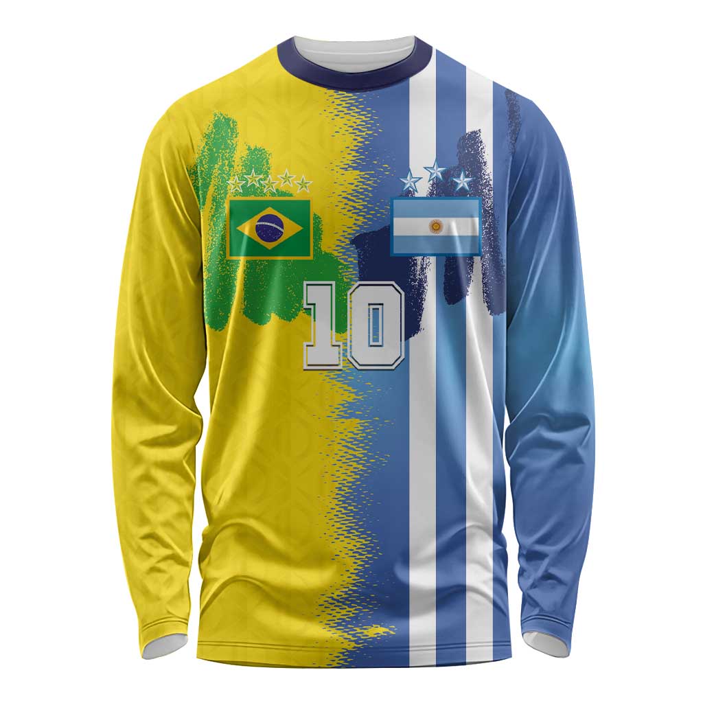 Custom Argentina and Brazil Football Mashup Long Sleeve Shirt La Albiceleste and Selecao