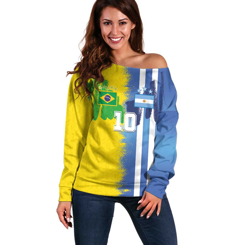 Custom Argentina and Brazil Football Mashup Off Shoulder Sweater La Albiceleste and Selecao