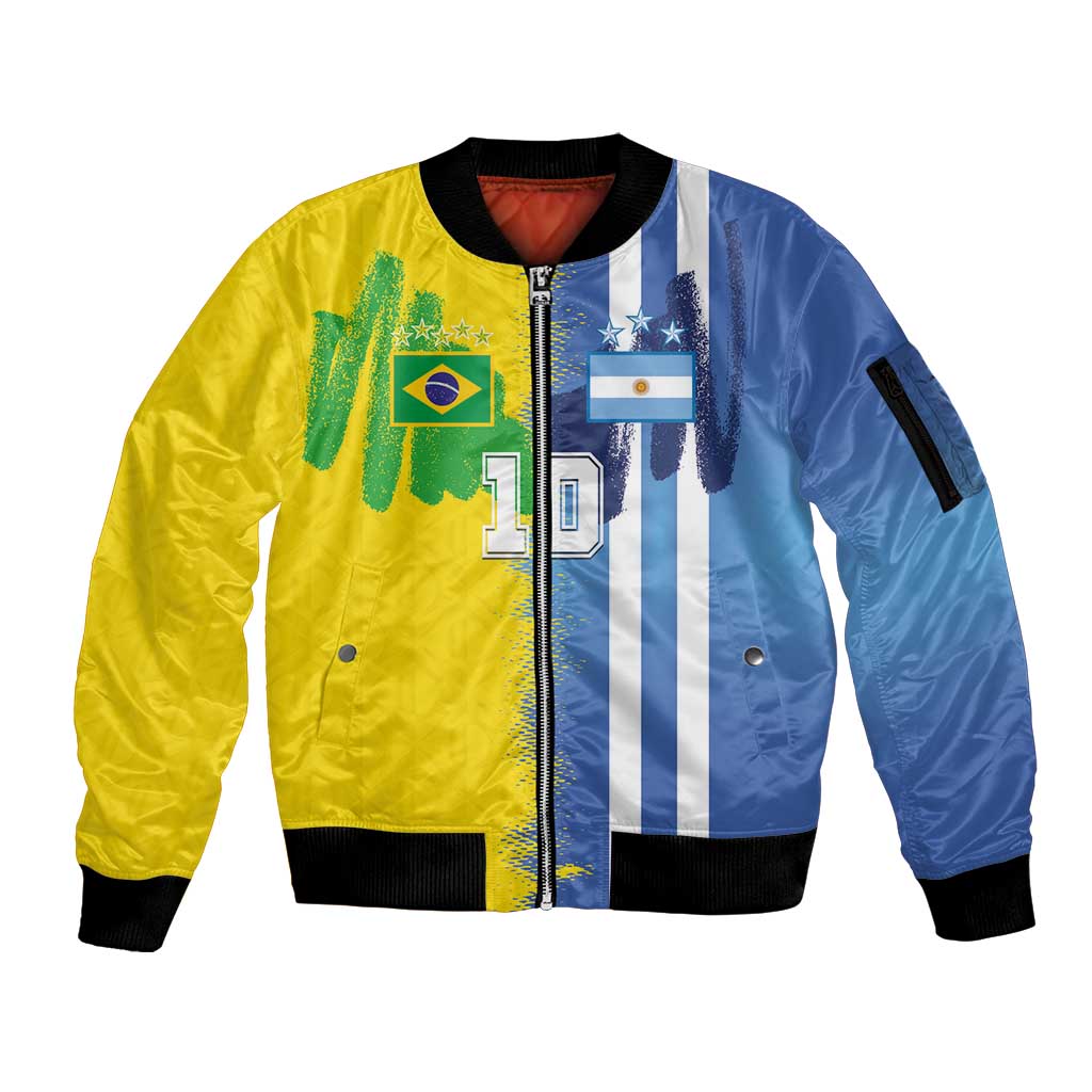 Custom Argentina and Brazil Football Mashup Sleeve Zip Bomber Jacket La Albiceleste and Selecao