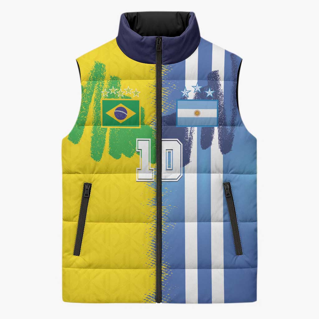 Custom Argentina and Brazil Football Mashup Sleeveless Puffer Jacket La Albiceleste and Selecao