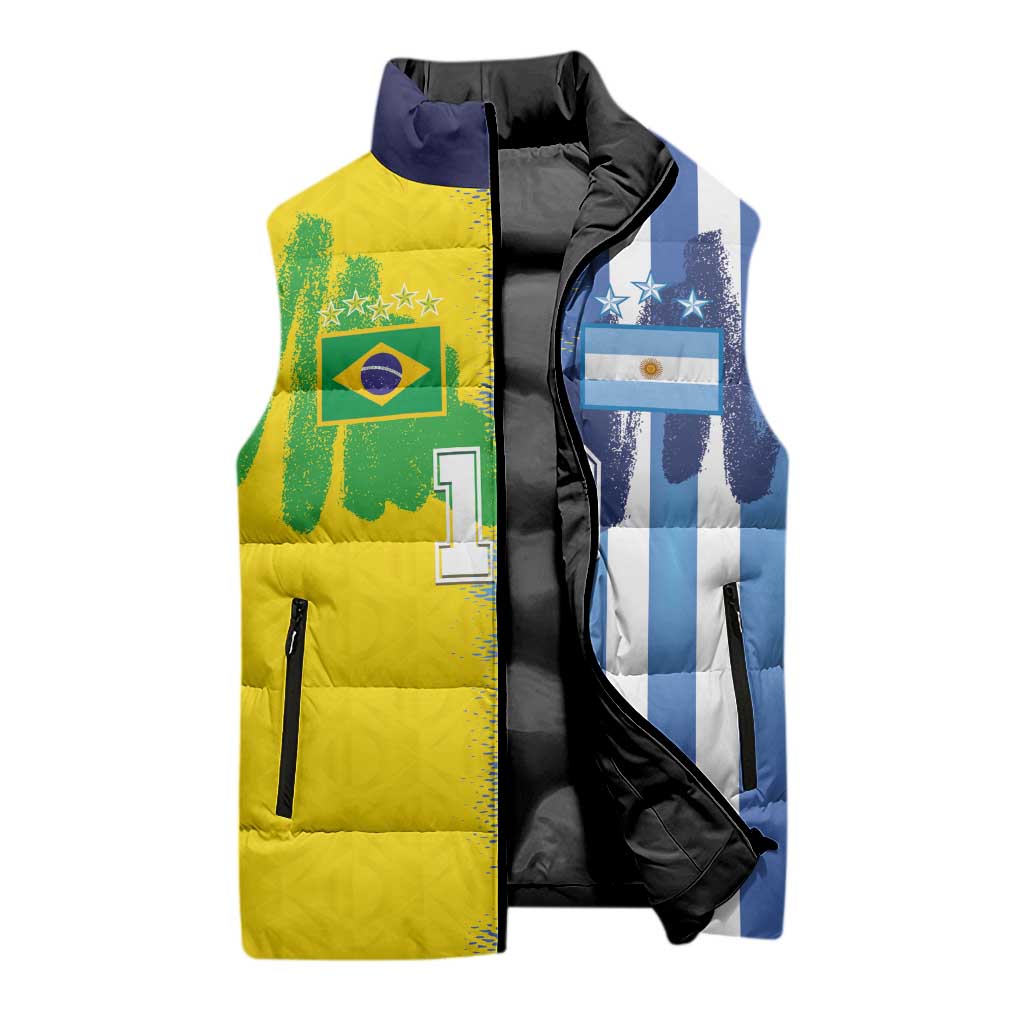 Custom Argentina and Brazil Football Mashup Sleeveless Puffer Jacket La Albiceleste and Selecao