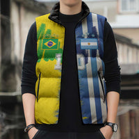 Custom Argentina and Brazil Football Mashup Sleeveless Puffer Jacket La Albiceleste and Selecao