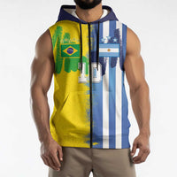 Custom Argentina and Brazil Football Mashup Sleeveless Zip Hoodie La Albiceleste and Selecao