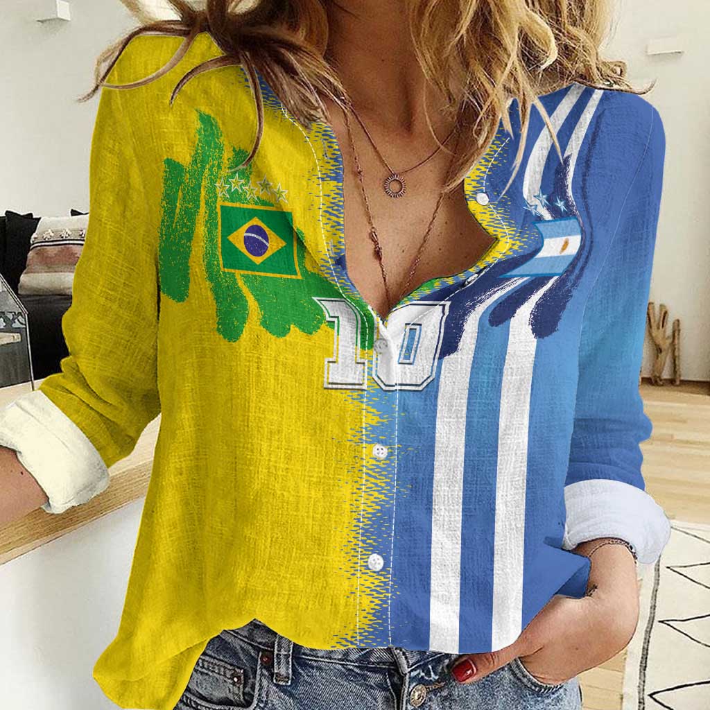 Custom Argentina and Brazil Football Mashup Women Casual Shirt La Albiceleste and Selecao
